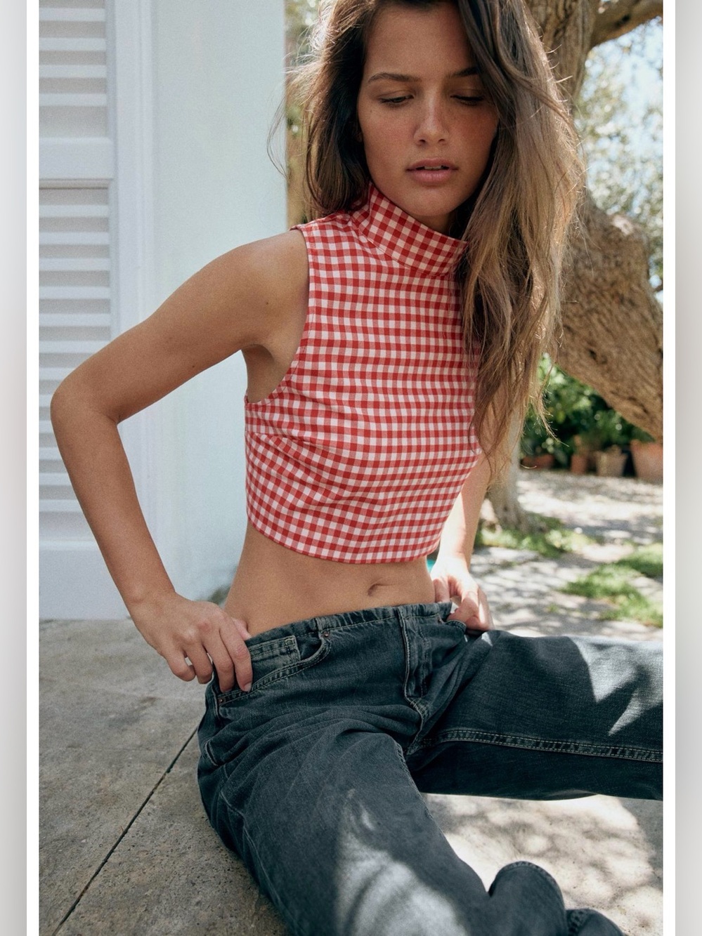 Zara Red Gingham Mock‑Neck Crop Top. POP